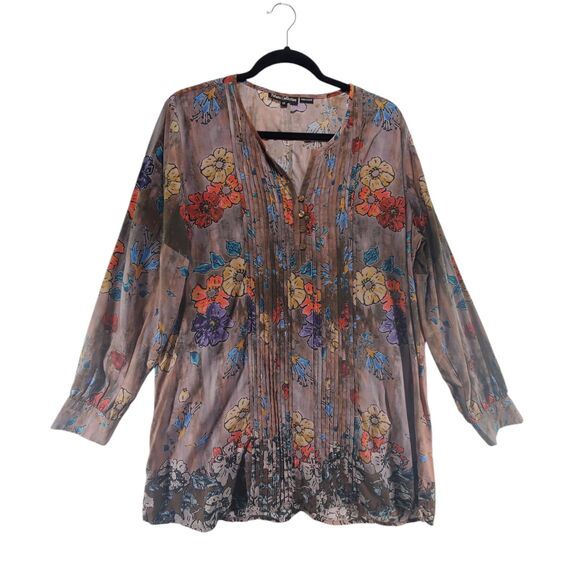 Tolani Tops - SP Small Petite Tolani Modal Brown Floral Long Tunic Blouse Long Sleeve Henley